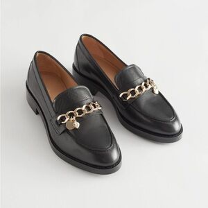 & Other Stories Black Leather Loafers with Gold Chain Detail